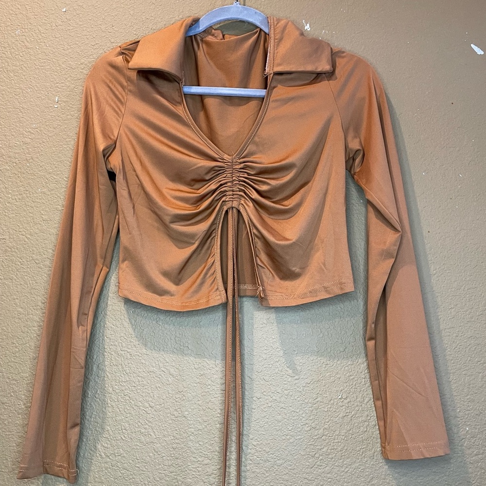 SHEIN Tan Ruched Long Sleeve Blouse
